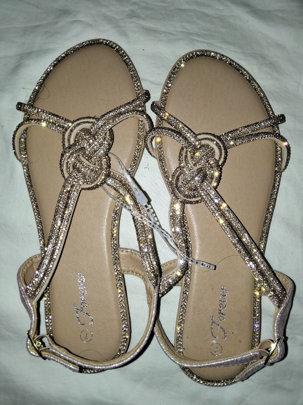 Source Unknown Champagne Glitter Knot T-Strap Sandals